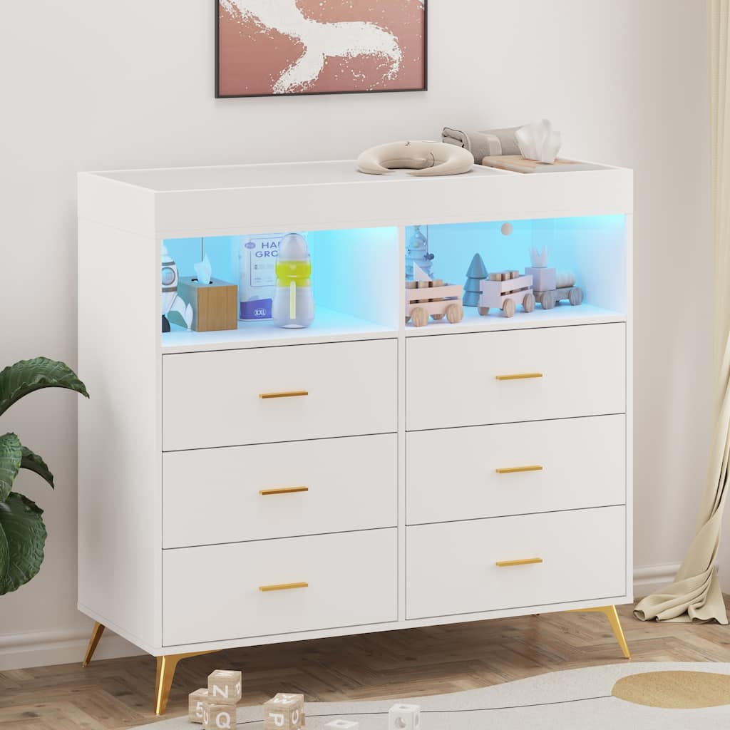 Dresser for Bedroom with 6 Drawers, Baby Changing Table Dresser with Changing Pad