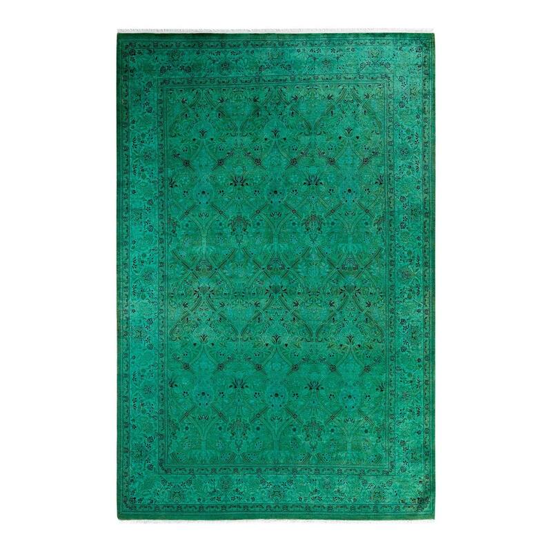 Overton Hand Knotted Wool Vintage Inspired Modern Contemporary Overdyed Green Area Rug - 6' 2" x 9' 5"