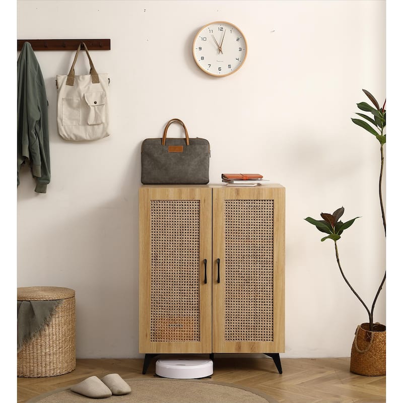 29.5inch Natural Rattan Storage Cabinet Double-Door Shoe Cabinet with Large Storage Space and Durable Structure - Natural Wood