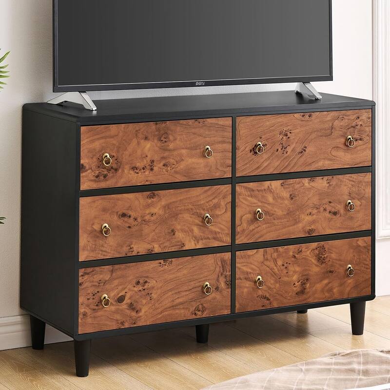 Modern Chest of Drawers with Natural Texture, Curved Profile Design, Dresser TV Stand, Wood Drawer Organizer for Bedroom - yllow