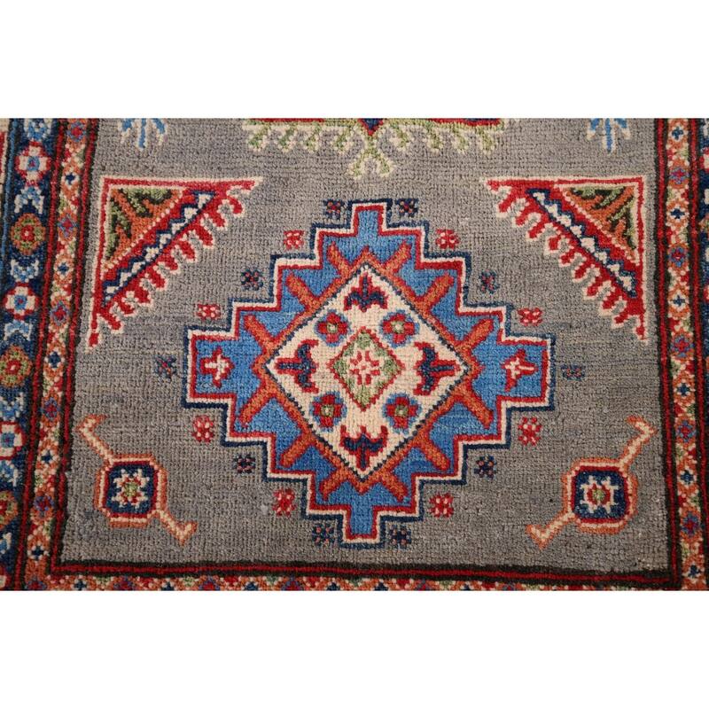 Geometric Kazak Accent Rug Hand-Knotted Traditional Wool Carpet - 3'2" x 5'0"