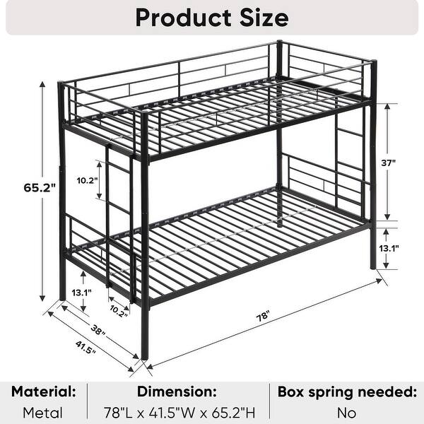dimension image slide 2 of 3, Twin Over Twin Metal Bunk Bed, Metal Structure Bedframe with Safety Guardrails and 2 ladders, Convertible Bunkbeds