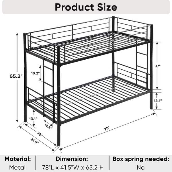 dimension image slide 1 of 3, Twin over Twin Metal Bunk Bed, Metal Structure Bedframe with Safety Guardrails and 2 ladders, Convertible Bunkbeds