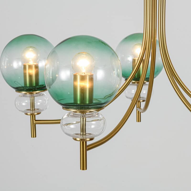 5-Light Mid-Century Modern Luxury Green Sputnik with Open/Bubble Glass Globe Shades Chandelier for Dining Room, Living Room