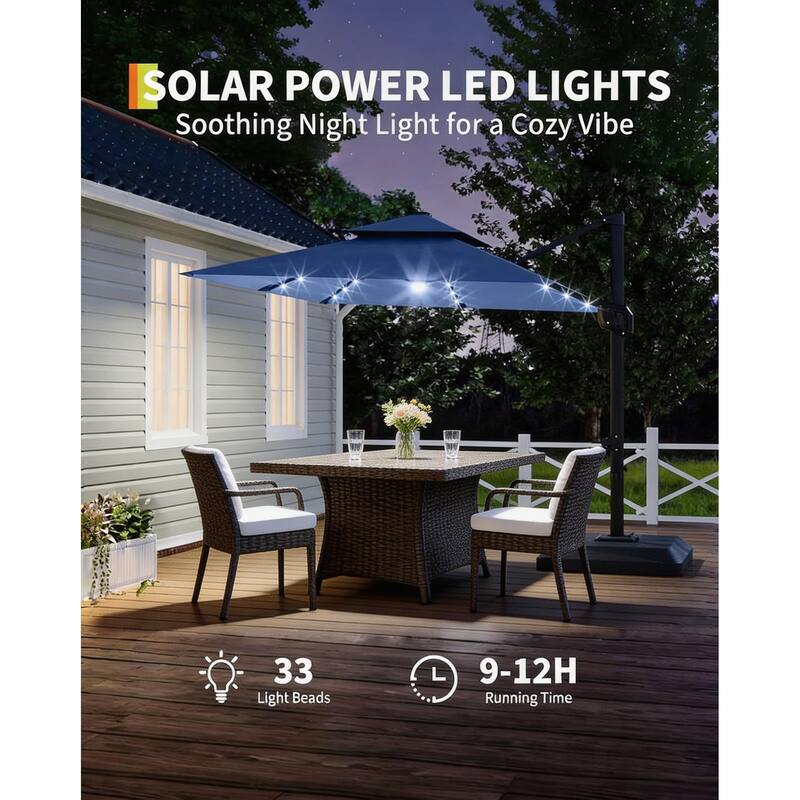 10x10Ft Square Solar LED Cantilever Umbrella , with Weighted Base