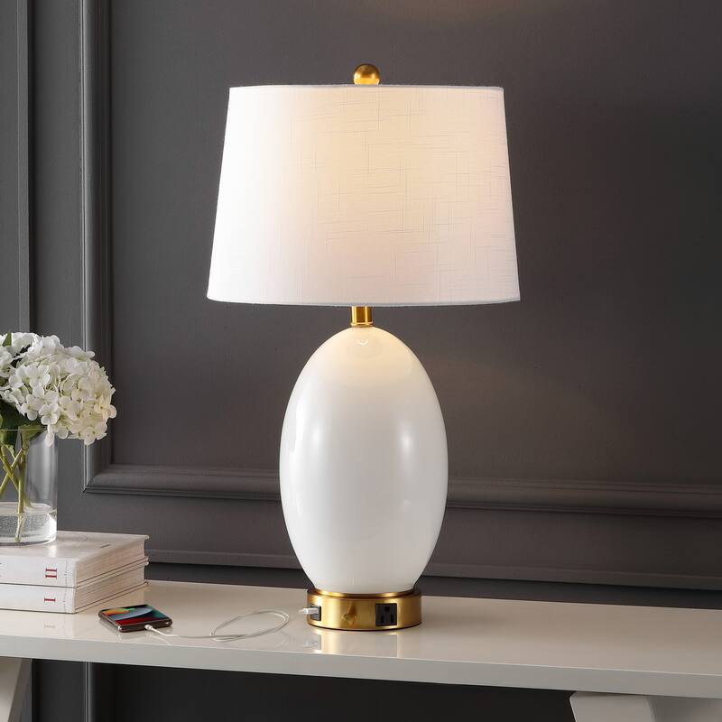 Alexander 26.5" 1-Outlet Contemporary Style Iron/Glass LED Table Lamp with USB Charging Port, by JONATHAN Y - White/Brass Gold