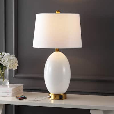 Alexander 26.5" 1-Outlet Contemporary Style Iron/Glass LED Table Lamp with USB Charging Port, by JONATHAN Y