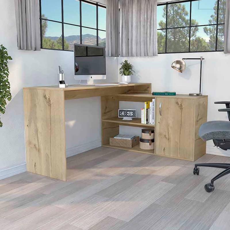 Modern L-Shaped Computer Desk with Open & Closed Storage Computer Table for Living Room Bedroom - Beige