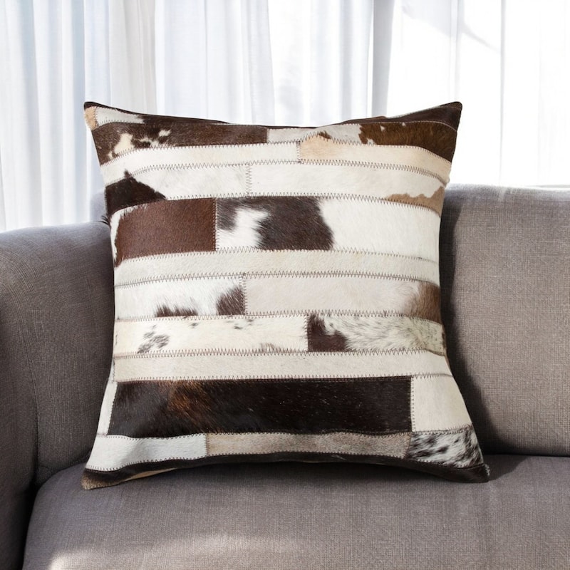 HomeRoots 18" Chocolate And Ivory Striped Cowhide Throw Pillow