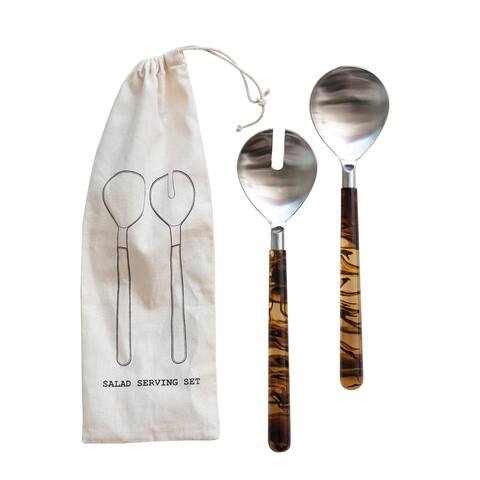 Stainless Steel Salad Servers with Marbled Resin Handles - 11.5"L x 2.8"W x 0.5"H
