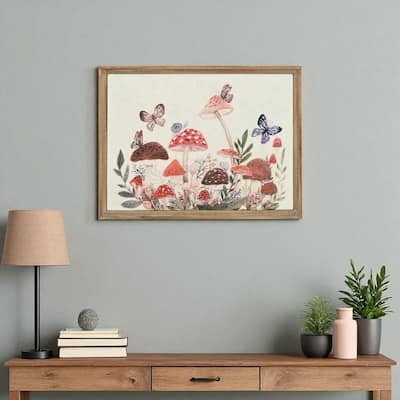 HomeRoots 20" X 26" Natural And White Butterflies and Mushrooms Metal Framed Art