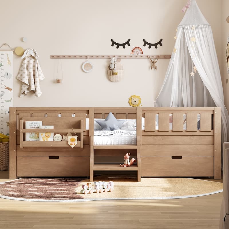 Full/Twin Loft Bed with Storage Drawers, Safety Staircase & Rails