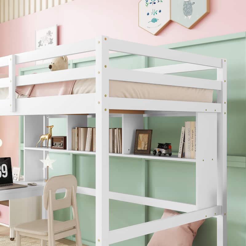 White Twin Size Wood Loft Bed with Desk and Shelves