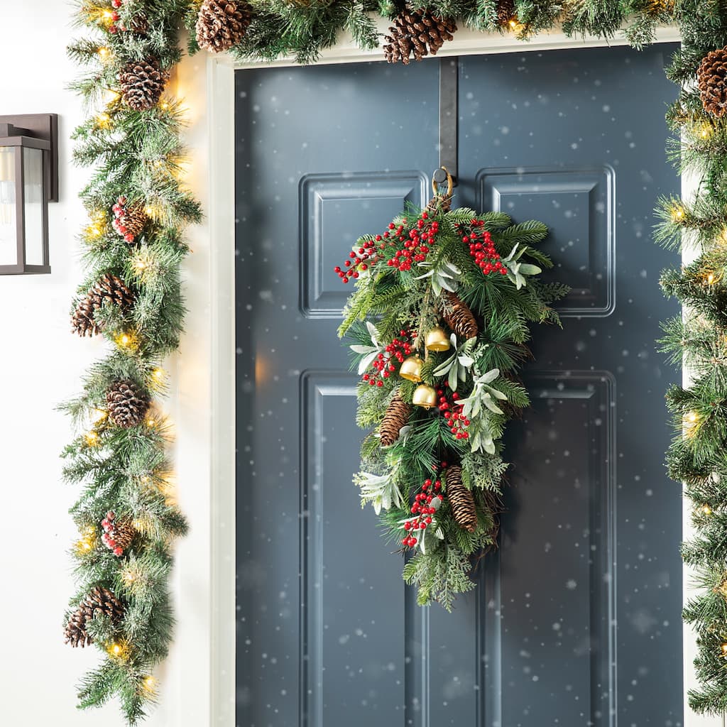 Glitzhome Christmas Berry Pinecone & Bell Teardrop Garland Door Hanging Decor
