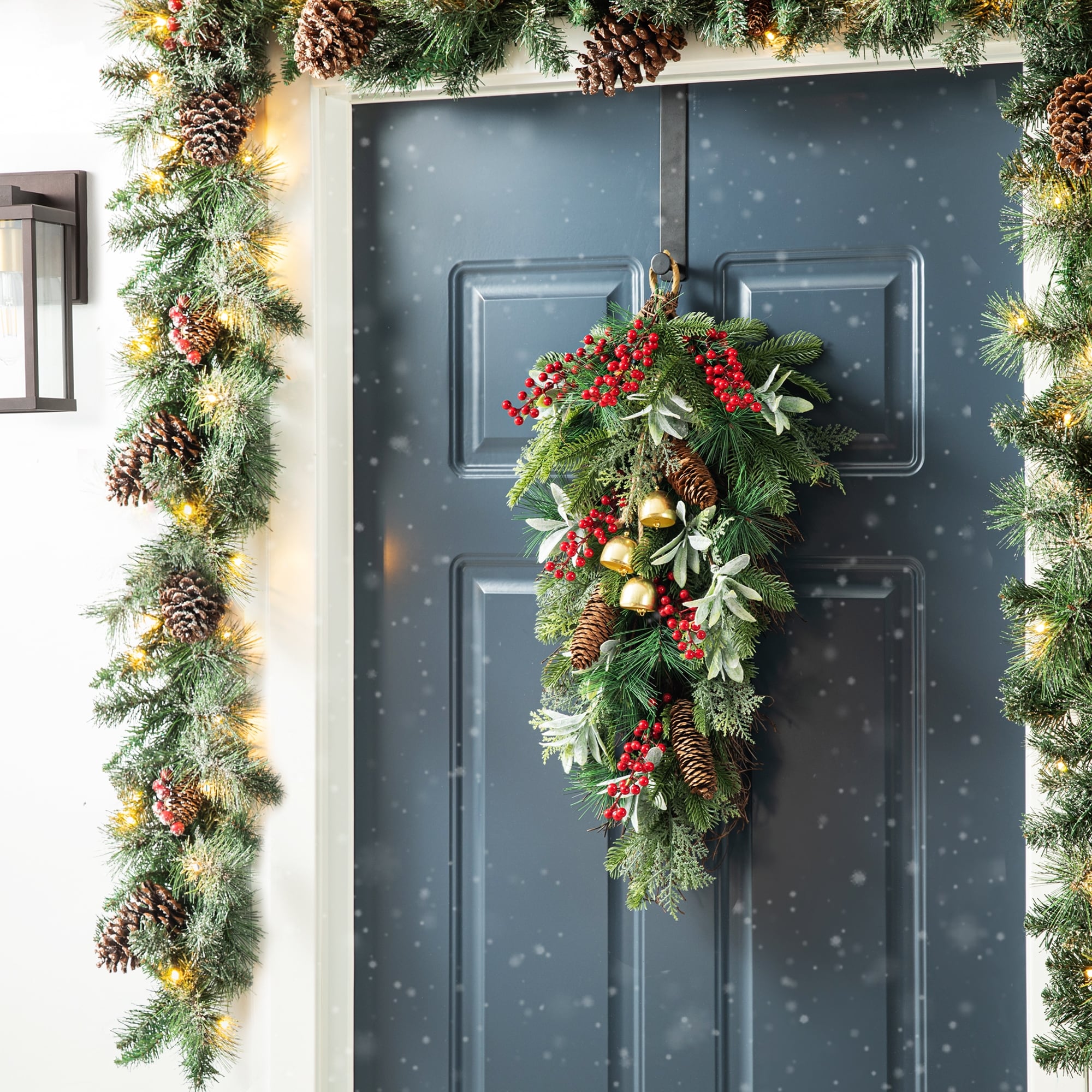 Glitzhome Christmas Berry Pinecone & Bell Wreath Teardrop Garland Door Hanging Decor