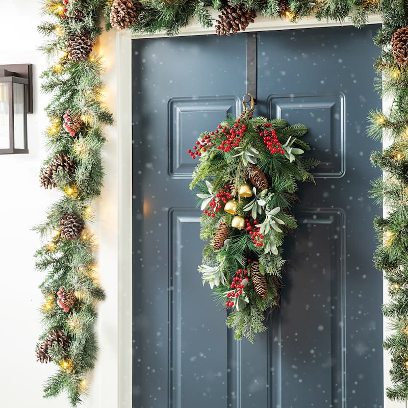Glitzhome Christmas Berry Pinecone & Bell Teardrop Wreath Door Hanging Decor