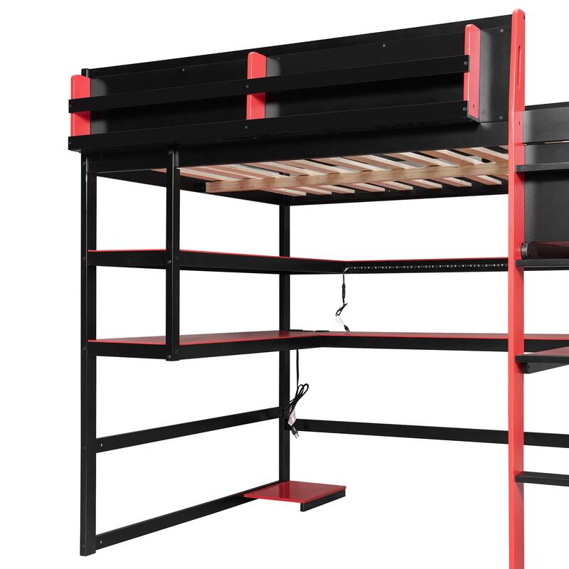 Loft Bed with Wraparound Study Hub, Side Storage Rack, USB Charging & RGB Light by Harper&Bright Designs