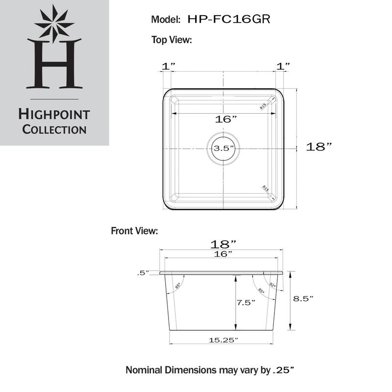Square Matte Gray Dualmount Fireclay Kitchen or Bar Sink - 18 x 18 x8.5 inches