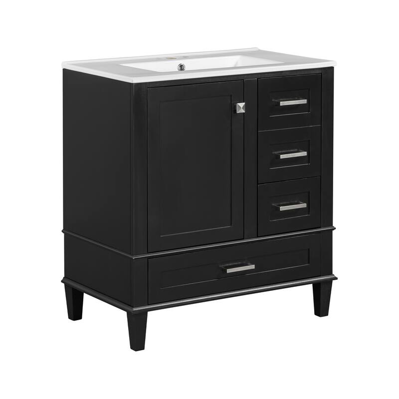 30" Modern Bathroom Vanity with Ceramic Sink, Solid Wood Frame, 3 Drawers & Soft-Close Door - Ample Storage