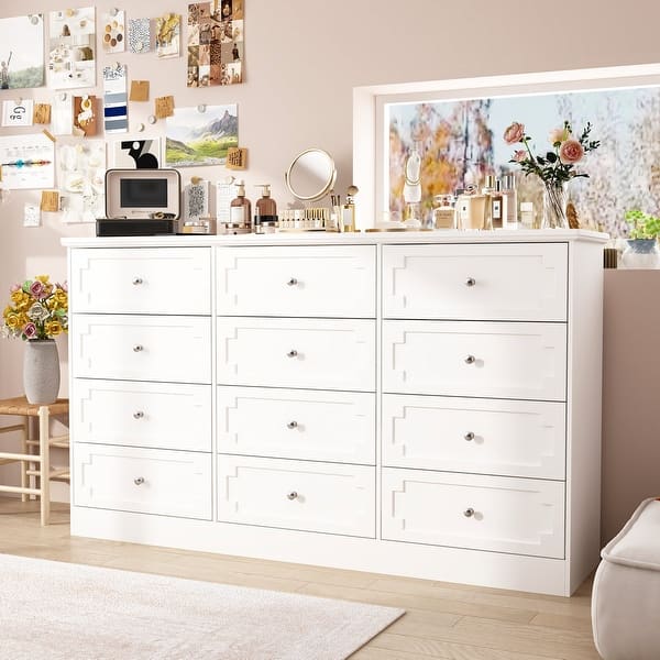 12 drawer dresser white Garvee Drawers Dressers for Bedroom 61in Wide Wood Chest of Drawers TV Stand for 65in TV Modern Clothes Storage Organizer for Living Room Hallway in the Dressers department at Its sturdy build provides a strong bearing capacity Solace Zia Eggshell 12 Drawer