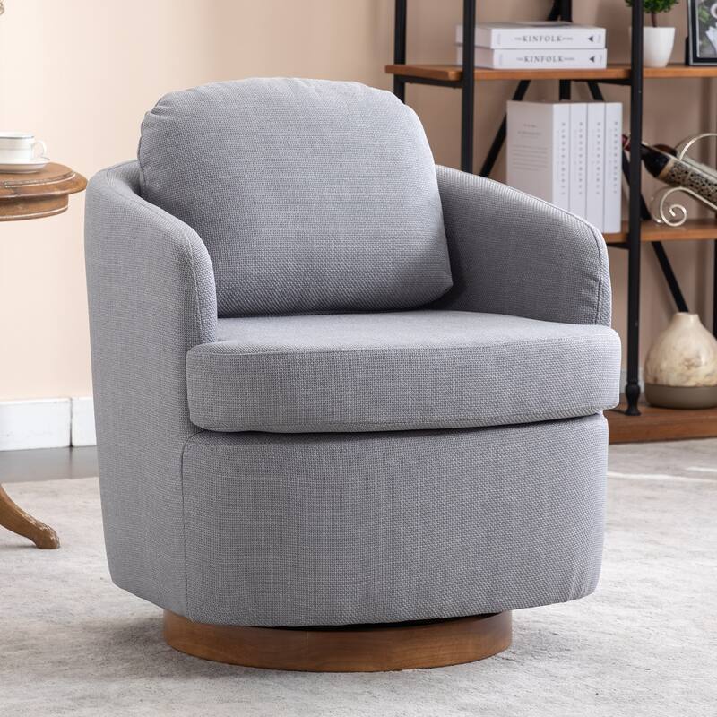 Linen Fabric Swivel Accent Chair With Soild Wood Round Brown Base Leg - Light Blue
