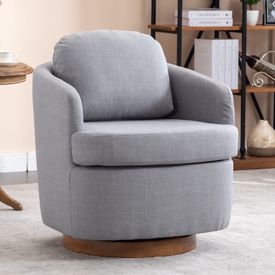 Linen Fabric Swivel Accent Chair With Soild Wood Round Brown Base Leg