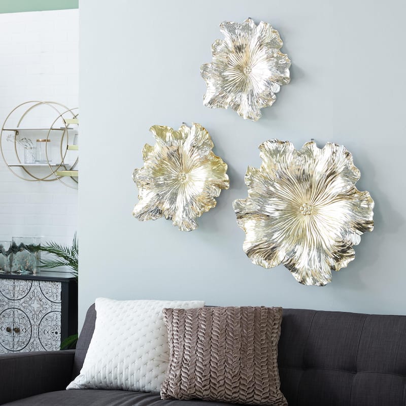 Polystone Floral 3D Home Wall Decor - Set of 3 Gold or Silver Roche River Decor