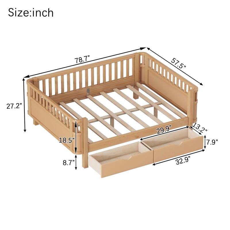 Wooden Daybed with Rails, Low Profile Platform Sofa Bed Frame with 2 Storage Drawers, No Box Spring Needed