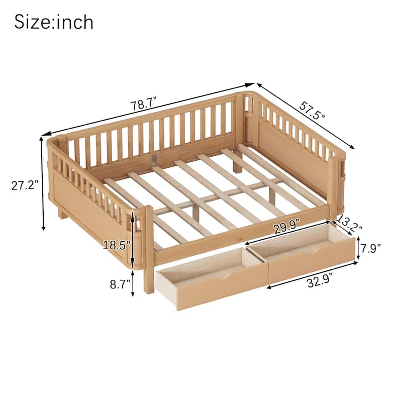 Wooden Kids Bed with 2 Storage Drawers, Guardrails and Removable Side Rail, Rounded Corners Frame Montessori Bed, Toddler Bed