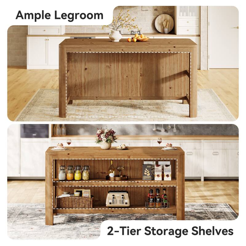 63 Inch Solid Wood Kitchen Island with Storage and Seating, Stationary Storage Islands for Kitchen, Living Room