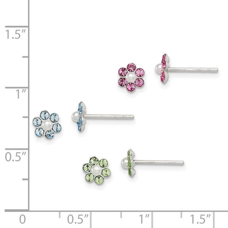 Curata 925 Sterling Silver Polished Post Earrings Stellux Crystal Pearl Post Flower 3pc Set Earrings Jewelry Gifts for Women