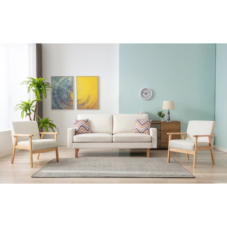Linen Sofa and 2 Chairs with 2 Throw Pillows