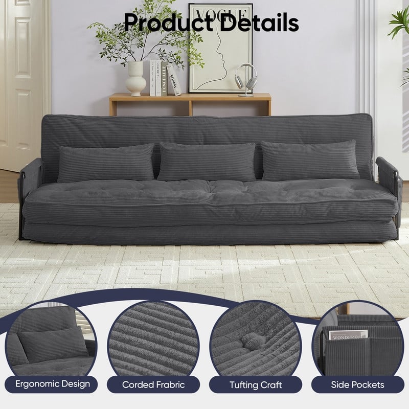 Mixoy Muti-Functional Folding Futon Sofa Bed Floor Sofa Bed，3-Seater Lazy Sofa with Pillows,6 Position Adjustable Backrest