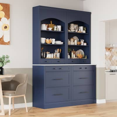 Modern 83.7inch High Kitchen Pantry, Freestanding Tall Kitchen Hutch with Faux Marble Top, Cupboard Cabinet
