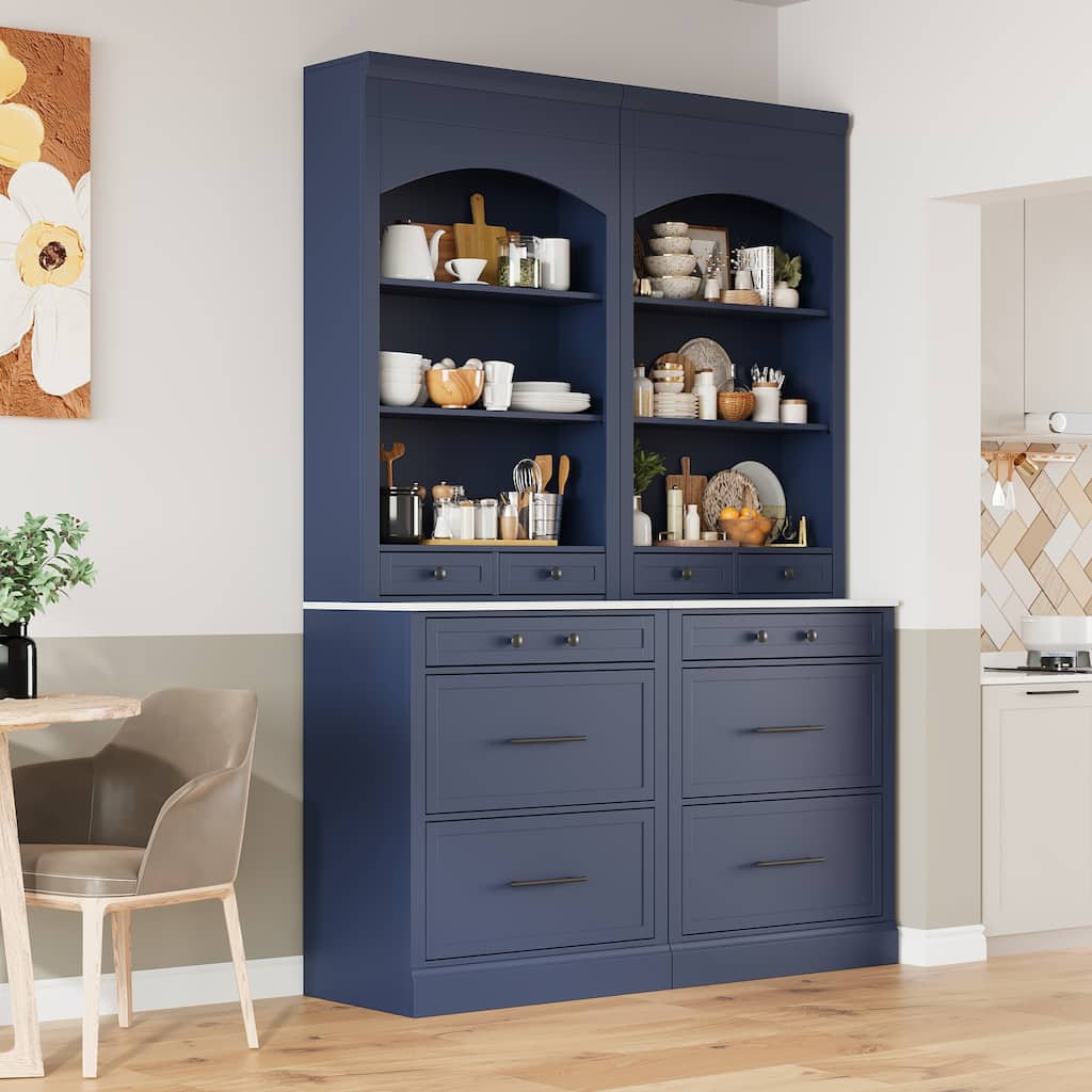 Modern 83.7inch High Kitchen Pantry, Freestanding Tall Kitchen Hutch with Faux Marble Top, Cupboard Cabinet
