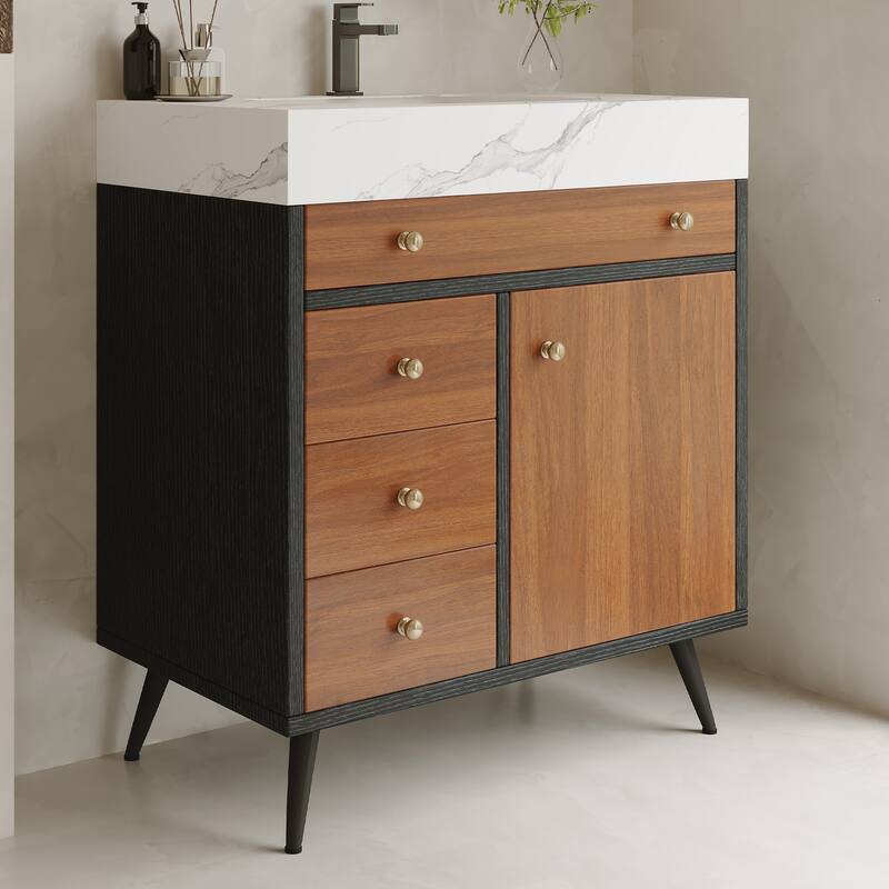 GDFStudio - Bristol Modern 29.9" Freestanding Bathroom Vanity with Sintered Stone Top, Ceramic Sink & Stainless Steel Legs