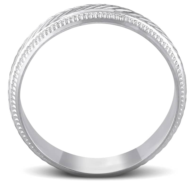 6mm Mens White Gold Brushed Hand Carved Pattern Wedding Band