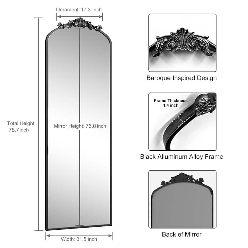 KIOTEE Arched Wall Mirror and Metal Frame Baroque Style Bathroom Vanity Mirror