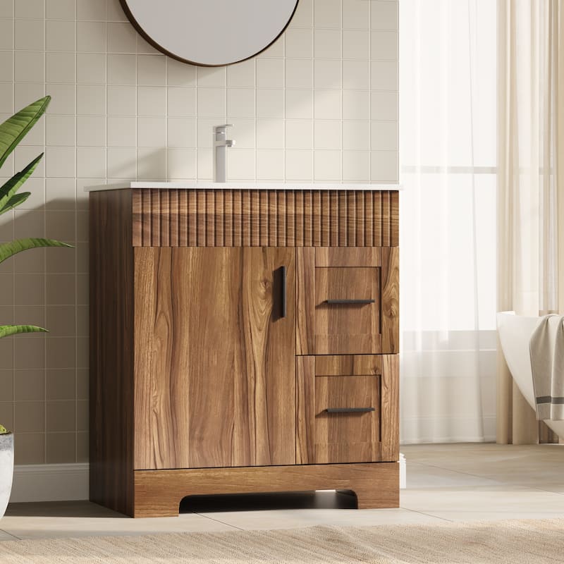 EROMMY Bathroom Vanity with Sink and Faucet, Freestanding Vanity Cabinet with Drawers & Doors, White Ceramic Top - 30'' - Walnut