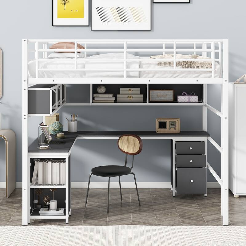 Full Metal Loft Bed with Bookcase, Desk, Cabinet, and Guardrail
