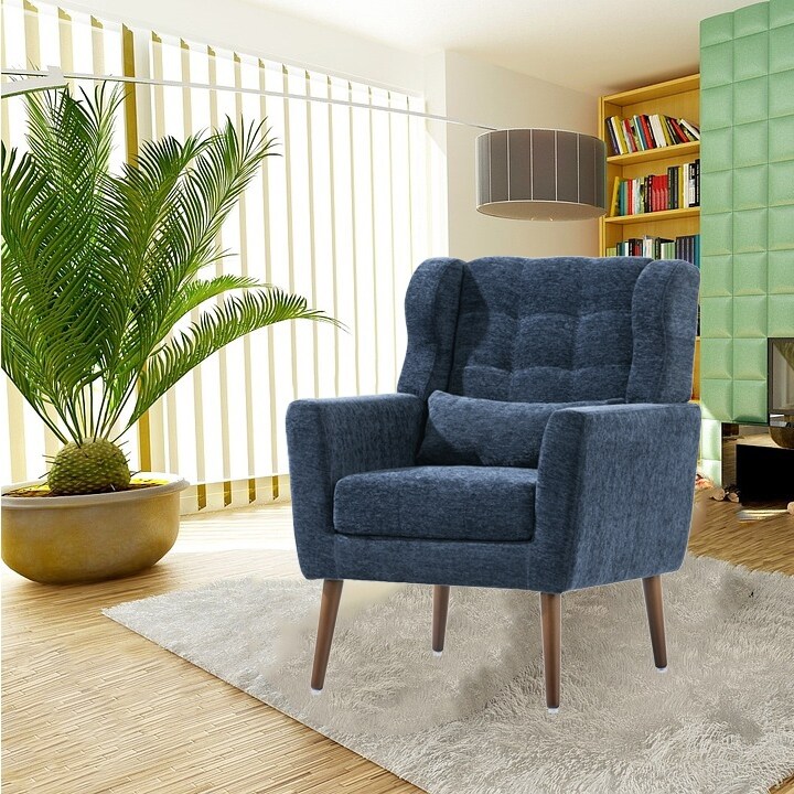 Linen Fabric Lounge Wingback Chairs Modern Accent Chair, Dark Blue
