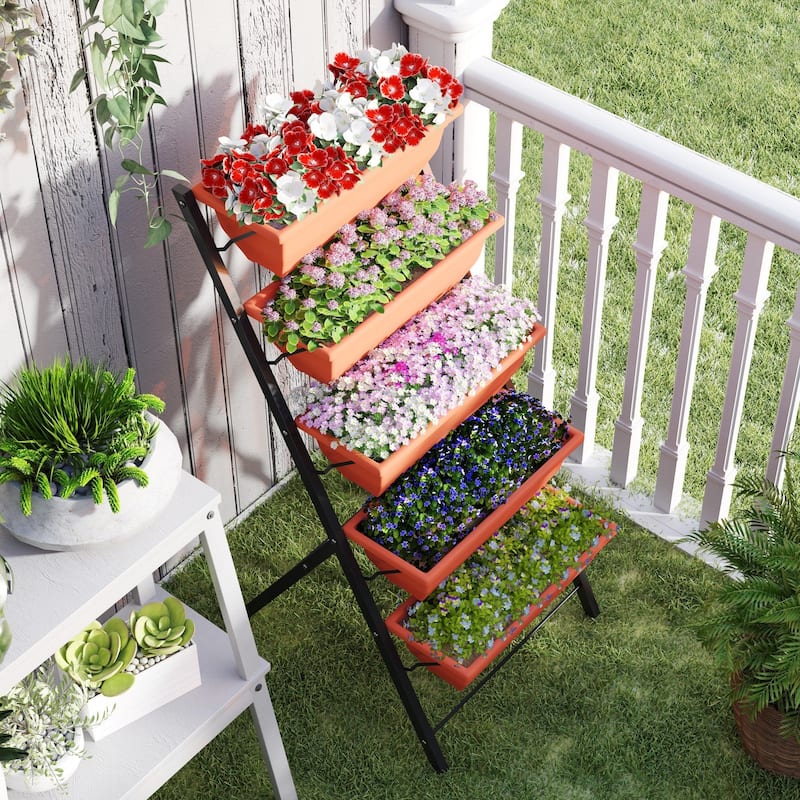 5-Tier Raised Garden Bed Plant Stand Flower Pots with Leaking Holes Red