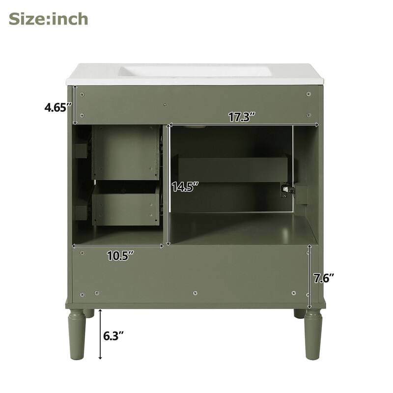Traditional 30" Bathroom Vanity with Ceramic Sink, Freestanding Bathroom Vanity Cabinet with 3 Drawers and 1 Soft Close Door