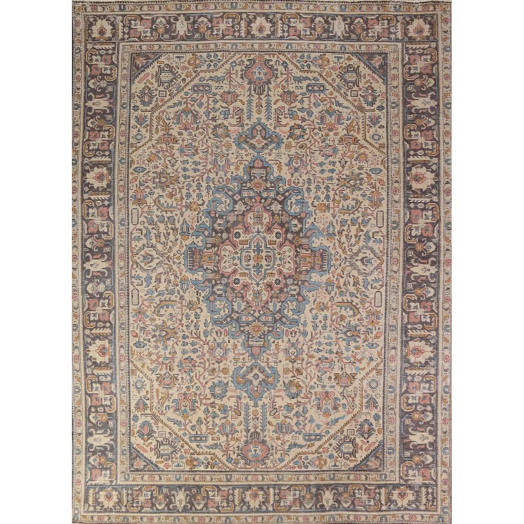 Geometric Tabriz Persian Rug Handmade Beige Oriental Wool Carpet - 8'4"x 11'0"