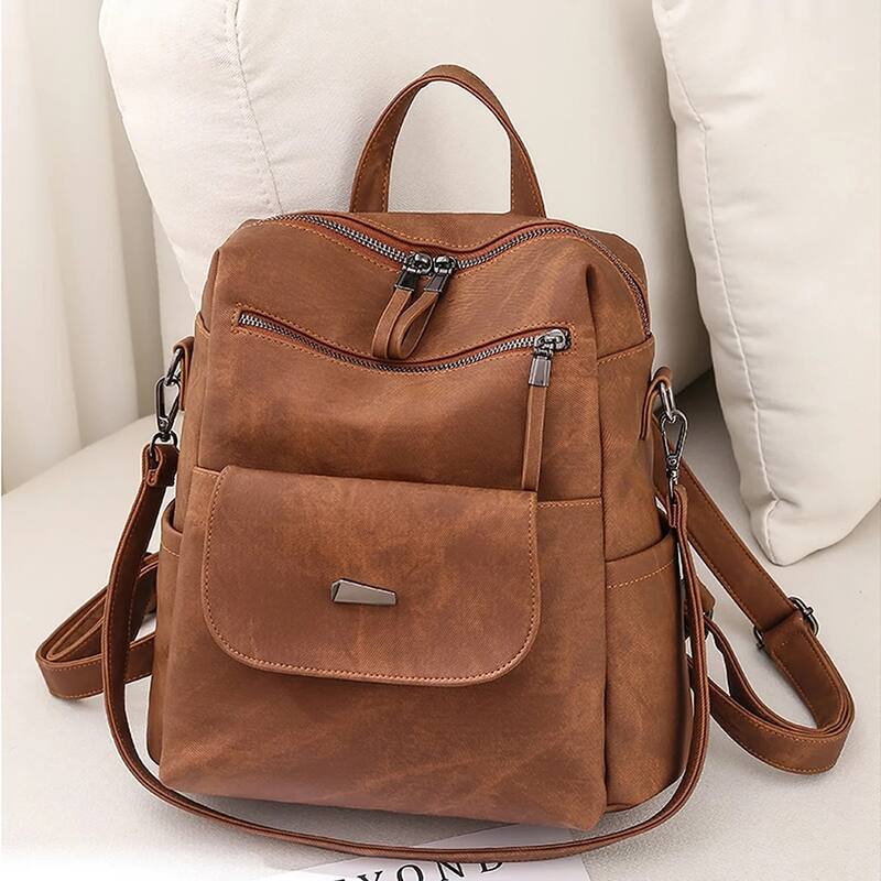 Women's Anti-Theft Leather Backpack, 8-Pocket Work Travel Organizer