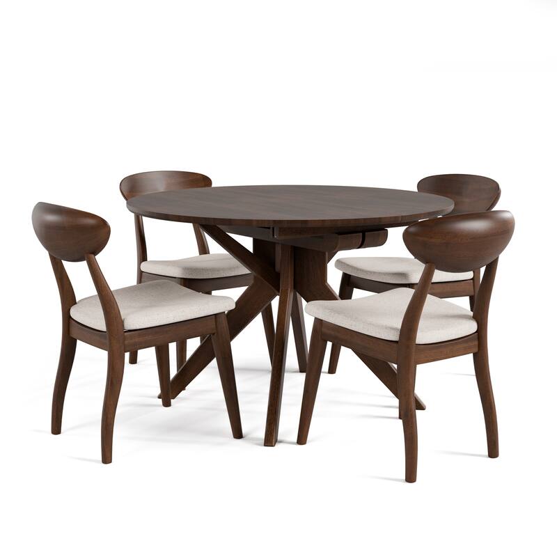 Furniture of America Abigail V Mid-Century Modern 5-Piece Rich Walnut Solid Wood Convertible Dining Set with Butterfly Leaf