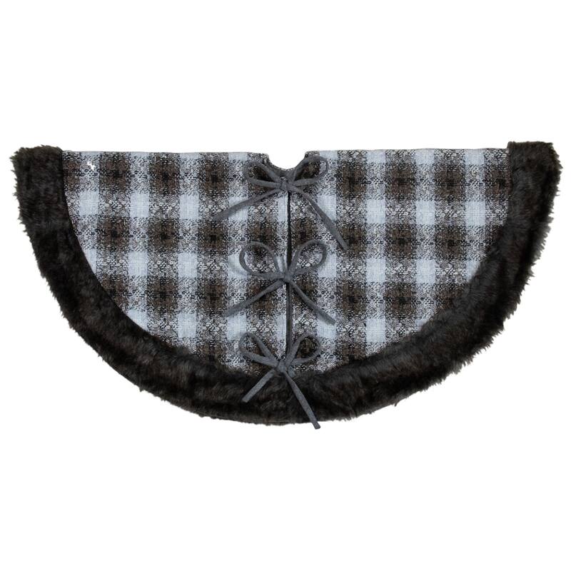 48" Brown and White Plaid Christmas Tree Skirt with Faux Fur - 48