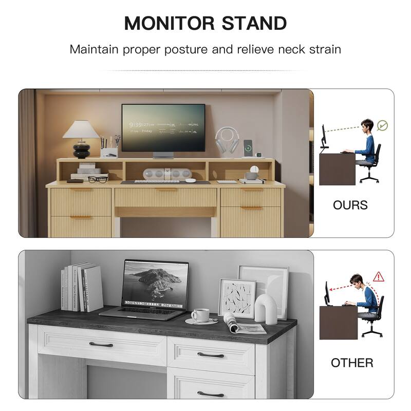 Pocassy Fluted Office Desk with Power Outlets Long Monitor Stand