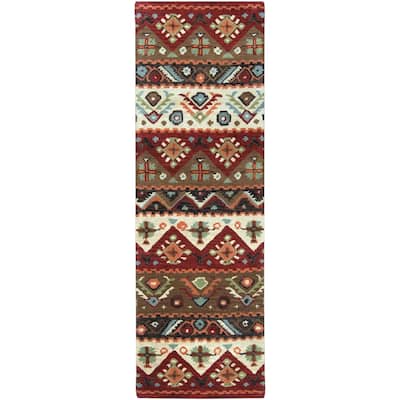 Hand-tufted Red Southwestern Aztec Portuy New Zealand Wool Area Rug - 2'6" x 8' Runner - 2'6" x 8' Runner