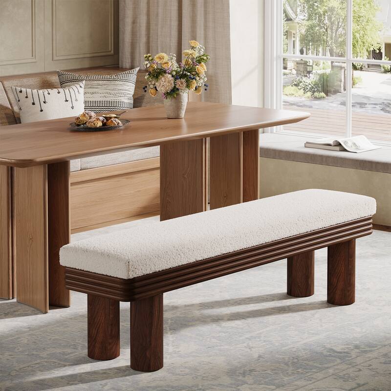Upholstered Dining Bench, Faux Shearling Padded Seat Kitchen Accent Stool for Dining Room Living Room - White & Dark Walnut